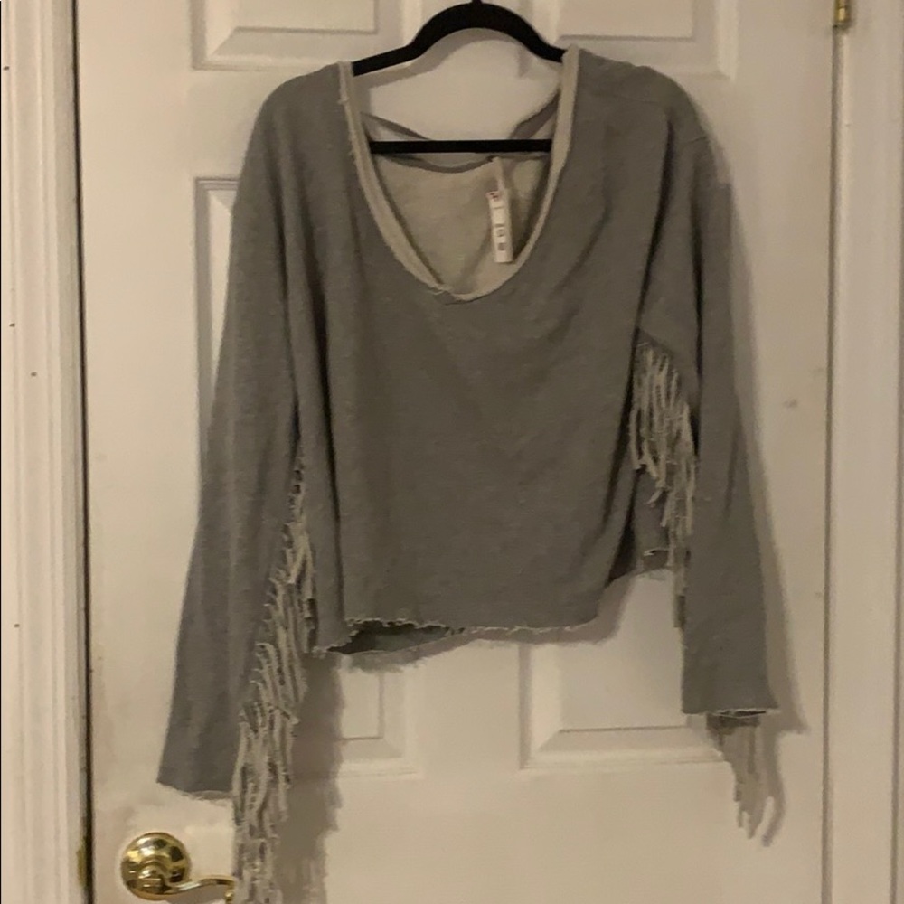 Gray Fringe Free People Sweater